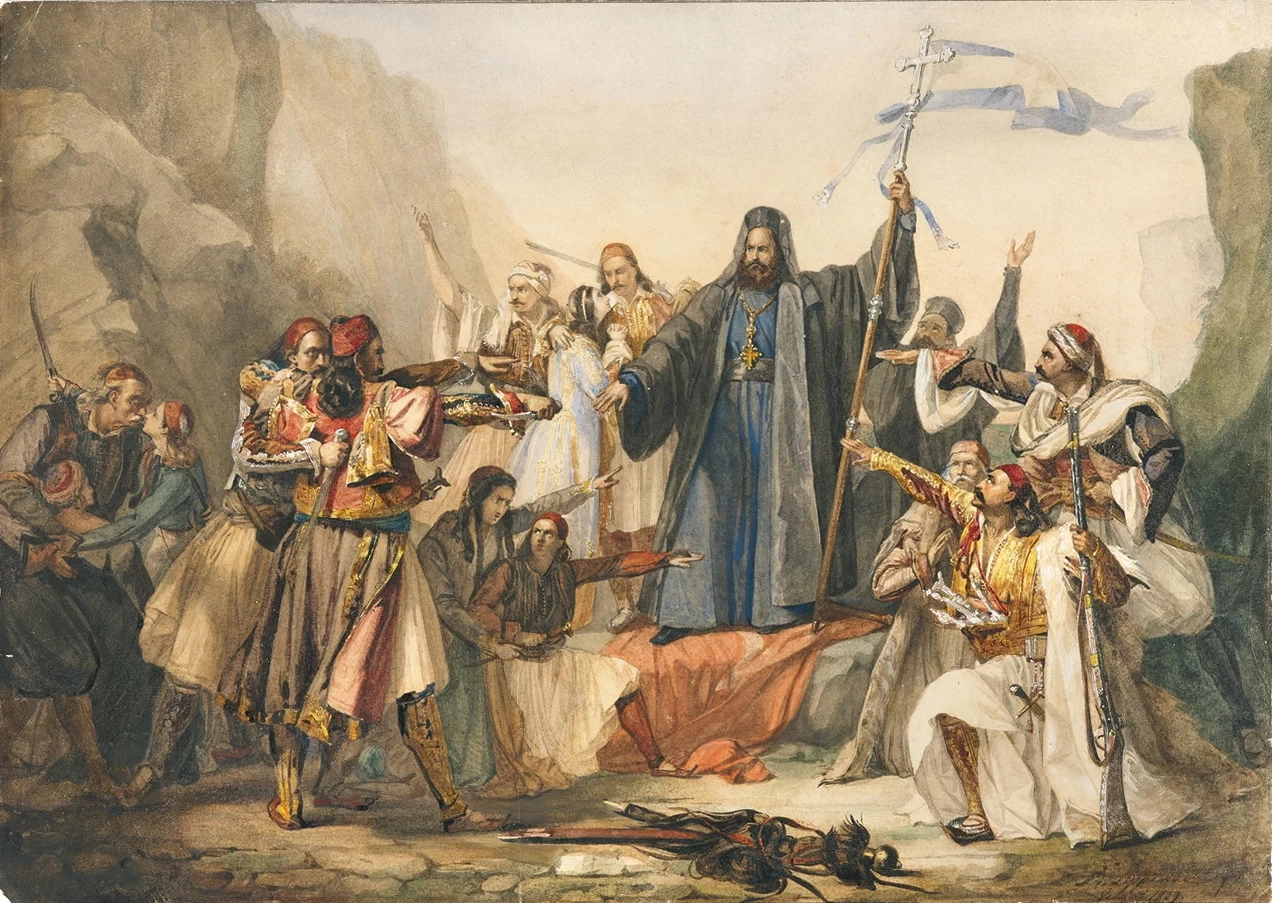 L'Arcivescovo Palaion Patrono Germanos che alza la bandiera della Rivoluzione a Kalavryta - attribuito